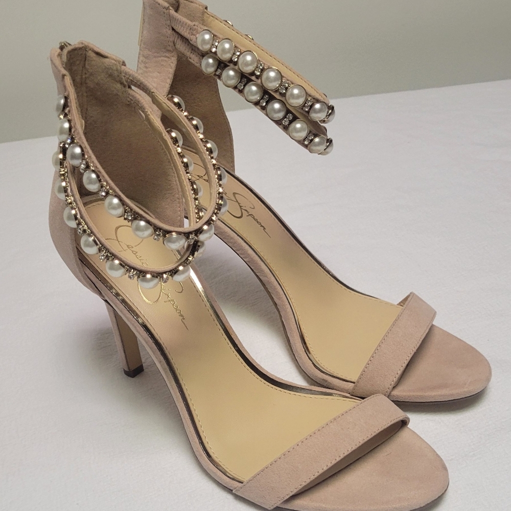 Jessica Simpson Elegant Pearl-Embellished Pink Suede 4in Heels Size 10